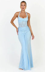 Blue Lace Ruched Front Split Maxi Dress