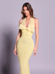 Yellow Halter Bow Beaded Sheath Maxi Dress