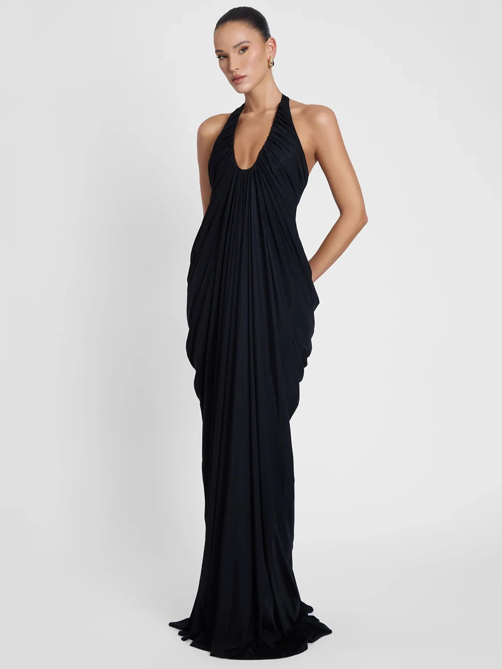 Deep V halter neck drape gown