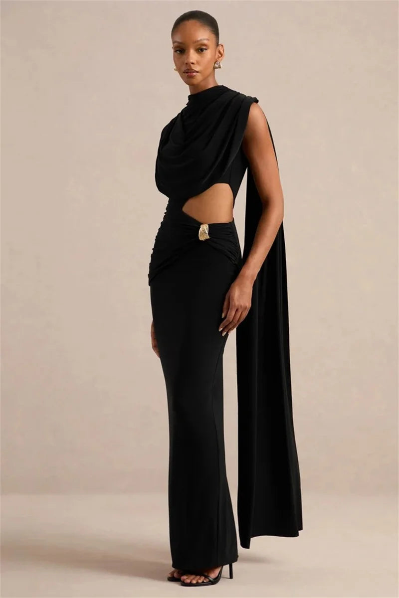 Black draped cutout waist maxi dress with draping detail