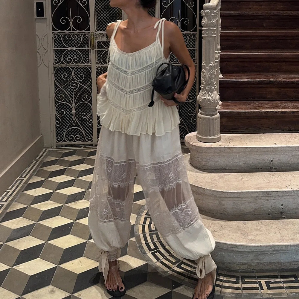 Lace patchwork wide leg pants