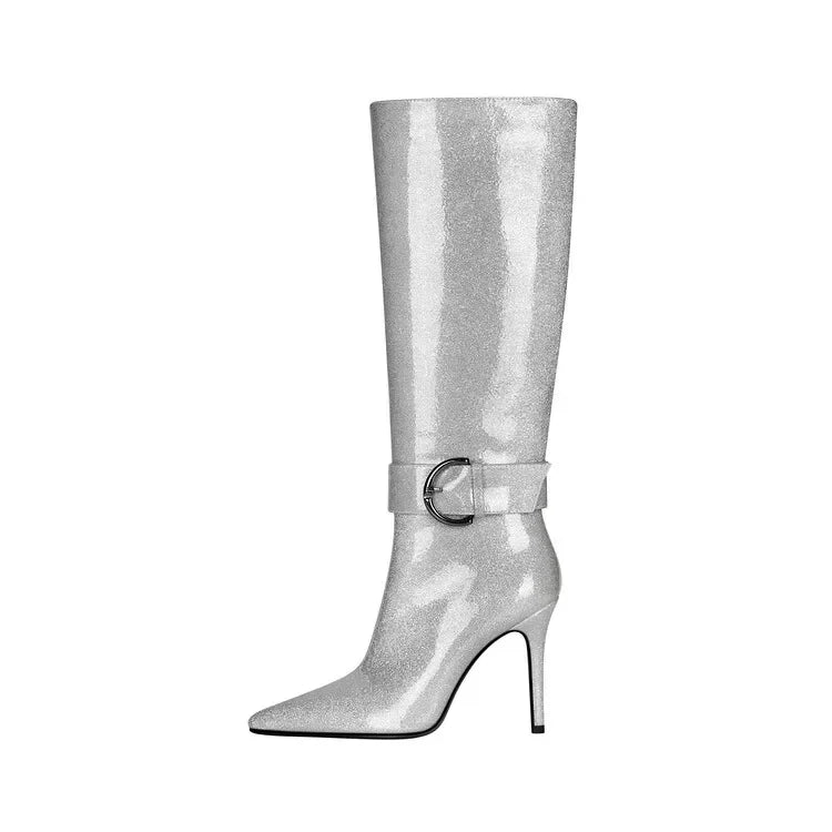 Silver glitter knee-high boot with a buckle on a white background