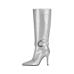 Silver glitter knee-high boot with a buckle on a white background