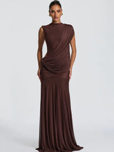 Brown draped mock neck sleeveless maxi dress