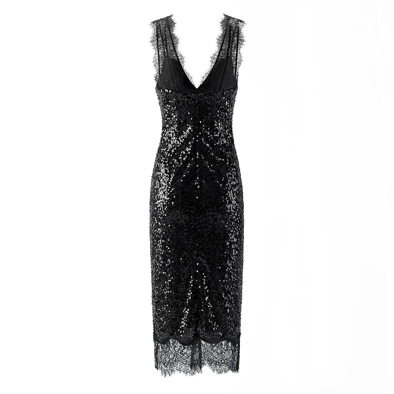 V-neck sleeveless lace trim sequin maxi dress back view
