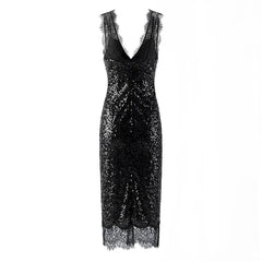 V-neck sleeveless lace trim sequin maxi dress back view