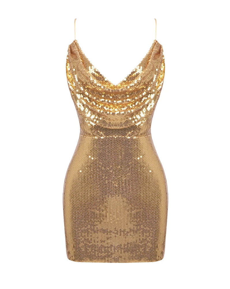 Gold sequin dress on a white background