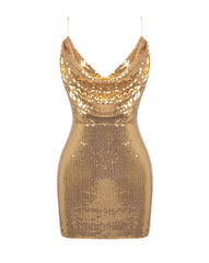 Gold sequin dress on a white background