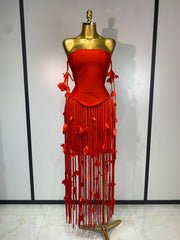 Red strapless bodycon mini dress with tassel trim