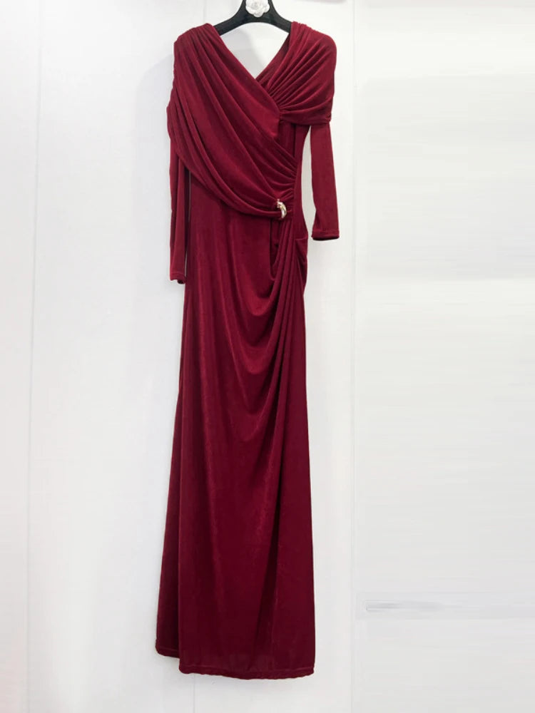 Maroon evening gown on a white background
