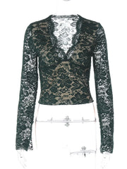 Black lace long-sleeve top on a mannequin against a white background