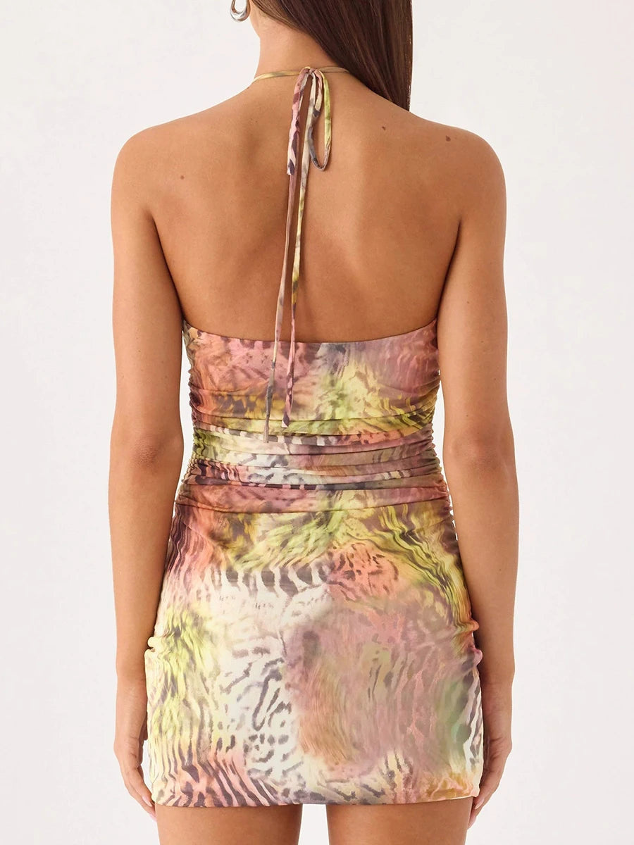 Halter ruched print mini dress back view