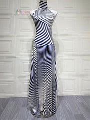 Striped High Neck Satin Maxi Dress