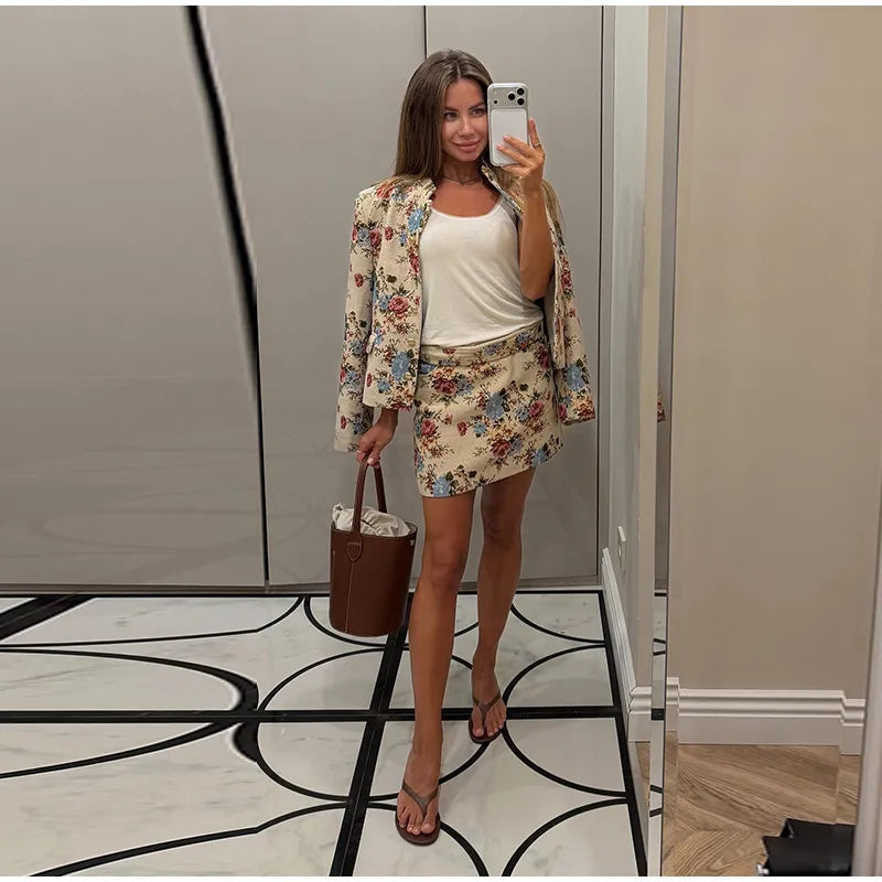 Floral mandarin collar cropped jacket worn with skirt