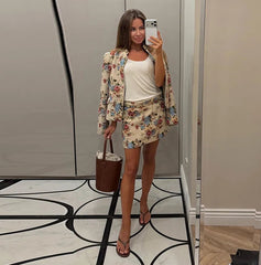 Floral mandarin collar cropped jacket worn with skirt