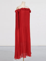 Red floral embellished off-the-shoulder maxi dress on mannequin