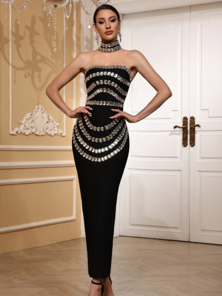 Black strapless beaded maxi dress.