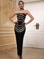 Black strapless beaded maxi dress.