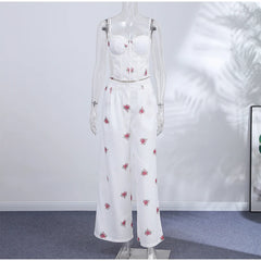 White Floral Print Corset and Wide Leg Pants Set
