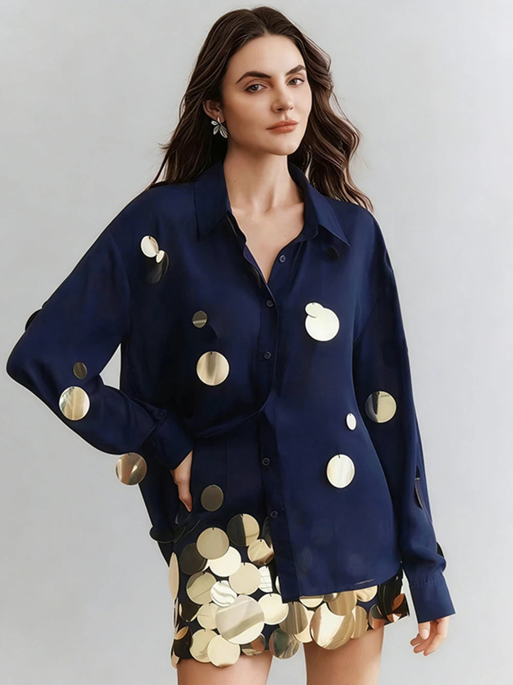 Navy blue long sleeve shirt with gold sequins and matching mini skirt