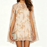 Floral print chiffon mini dress with cape sleeves