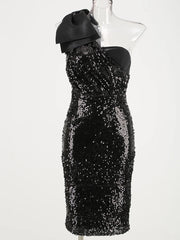 Black One-Shoulder Sequin Midi Dress with Bow Detail