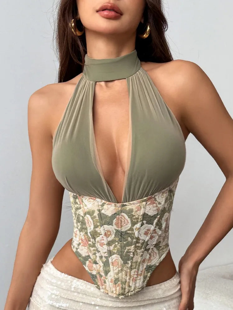 Floral corset halter crop top with plunging neckline.