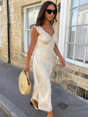 Patchwork Satin Lace Maxi Dress – Elegant V-Neck Evening Gown