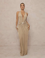Velvet Plunging Halter Drape Gown