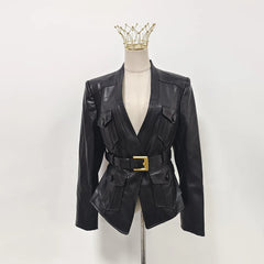 Black leather jacket with a gold belt on a mannequin against a white background