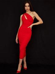One-Shoulder Ruched Corset Midi Dress