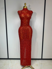 Rhinestone High Neck Sleeveless Dress