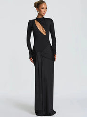 Draped Ruched Front Hollow Out Long Sleeve Maxi Dress