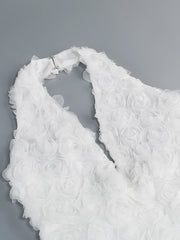 White Flower Applique Halter Dress with Sculpted V-Neck