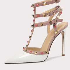 White Studded Strappy Stilettos | Patent Leather Rockstud Heels