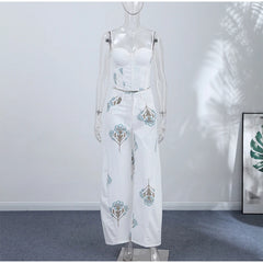 White Floral Print Corset and Wide Leg Pants Set