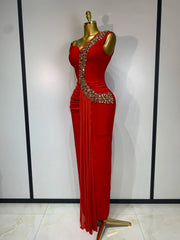 Red embellished one-shoulder dress side view