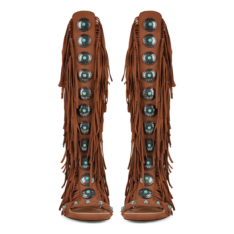 Brown embellished lace-up fringe gladiator sandal with turquoise and silver accents