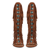 Brown embellished lace-up fringe gladiator sandal with turquoise and silver accents