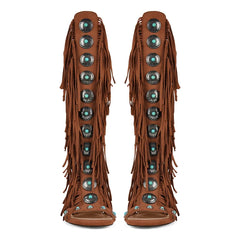 Brown embellished lace-up fringe gladiator sandal with turquoise and silver accents