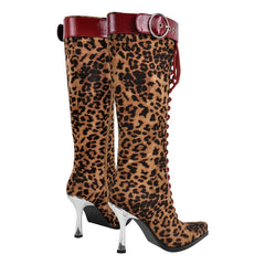 Rear view of leopard print lace-up knee high boots with stiletto heel