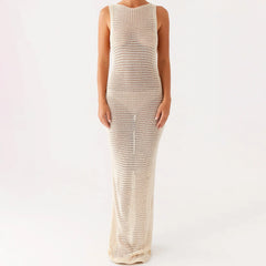 Beige crochet dress on a white background