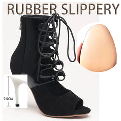 Black high-heeled lace-up shoe with measurements and a rubber slipper comparison on a white background.