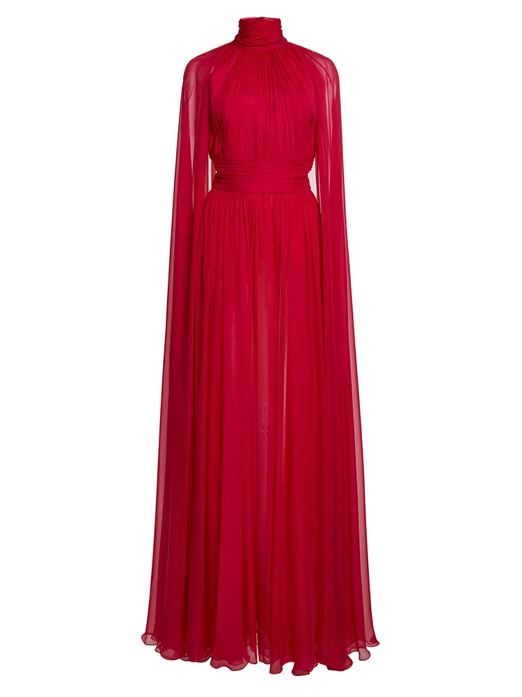 Red chiffon cape dress front view