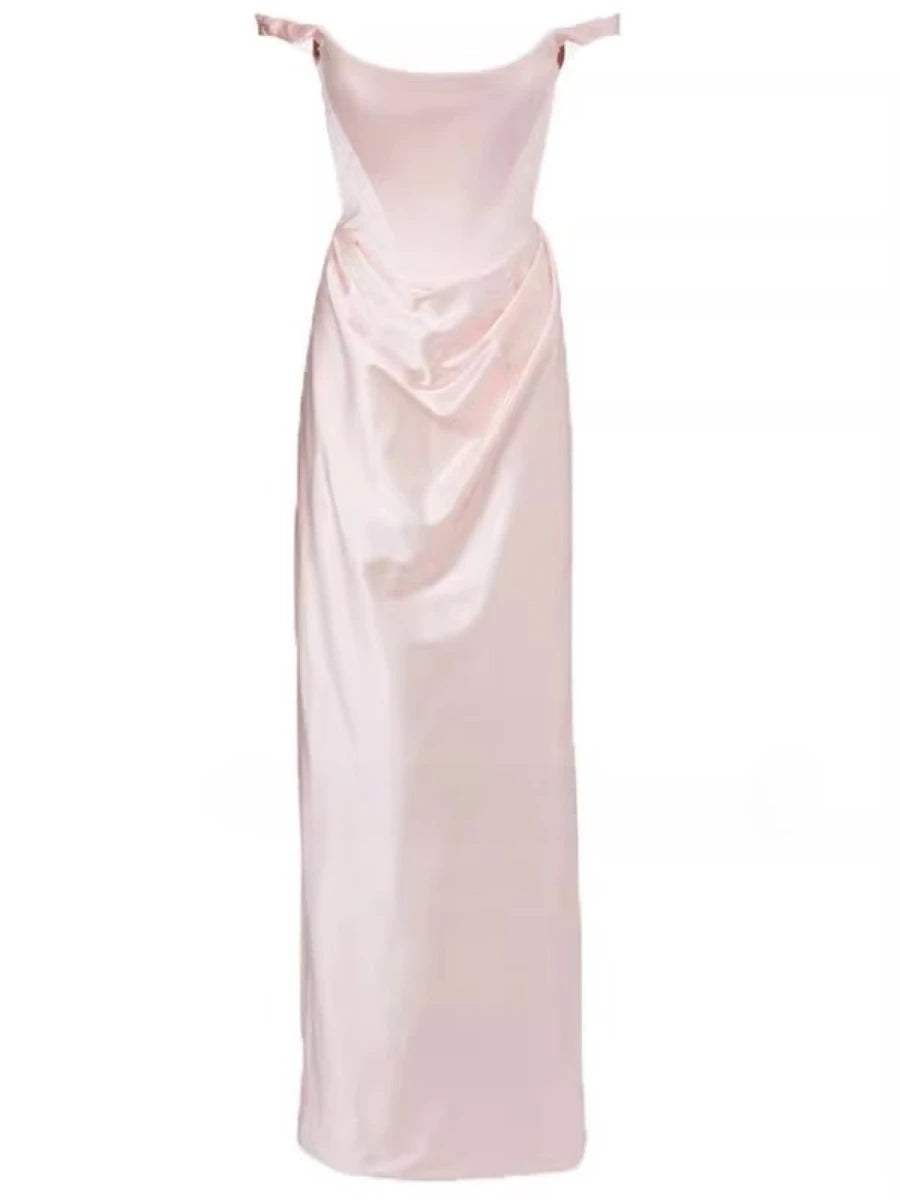 Pink satin evening gown on a white background