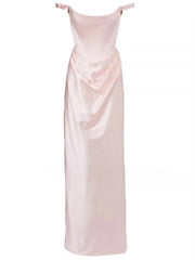 Pink satin evening gown on a white background