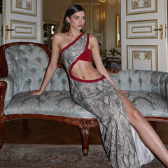 Snake print one shoulder maxi dress with cutout waist and high split