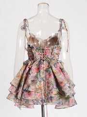 Printed Mini Dress - Square Neck Sleeveless A-Line