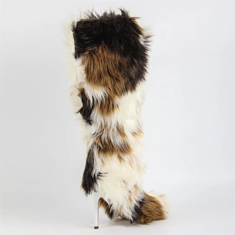 Furry Knee High Boots with Stiletto Heel
