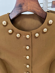 Brown Button-Detail Cropped Jacket Wide-Leg Suit